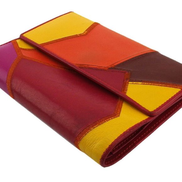 Auth SAINT LAURENT tri-fold wallet patchwork orange leather - Picture 7 of 9